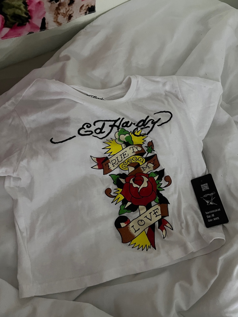 Ed Hardy White Short Sleeve Tee with Red Rose Tattoo Graphic